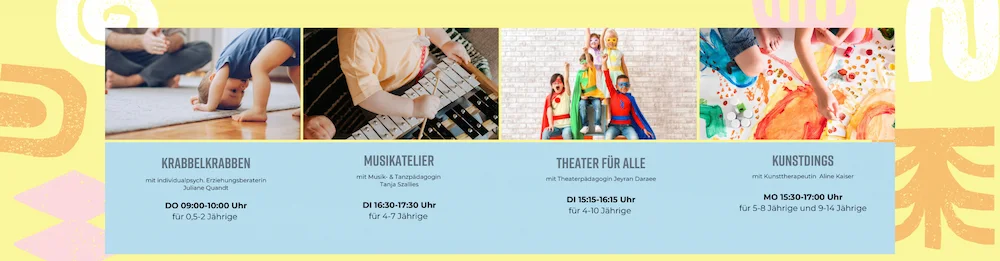FLUSSWERK ATELIERS FLUSSWERK GEMEINSAM ZU NEUEN UFERN MANSFELDER STR. 5 06108 HALLE (SAALE) KUNSTDINGS mit Aline Kaiser ΜΟ 15:30-17:00 Uhr für 5-8 Jährige und 9-14 Jährige THEATER FÜR ALLE mit Jeyran Daraee DI 15:15-16:15 Uhr für 4-10 Jährige MUSIKATELIER mit Tanja Szallies DI 16:30-17:30 Uhr für 4-7 Jährige KRABBELKRABBEN mit Juliane Quandt DO 09:00-10:00 Uhr für 0,5-2 Jährige